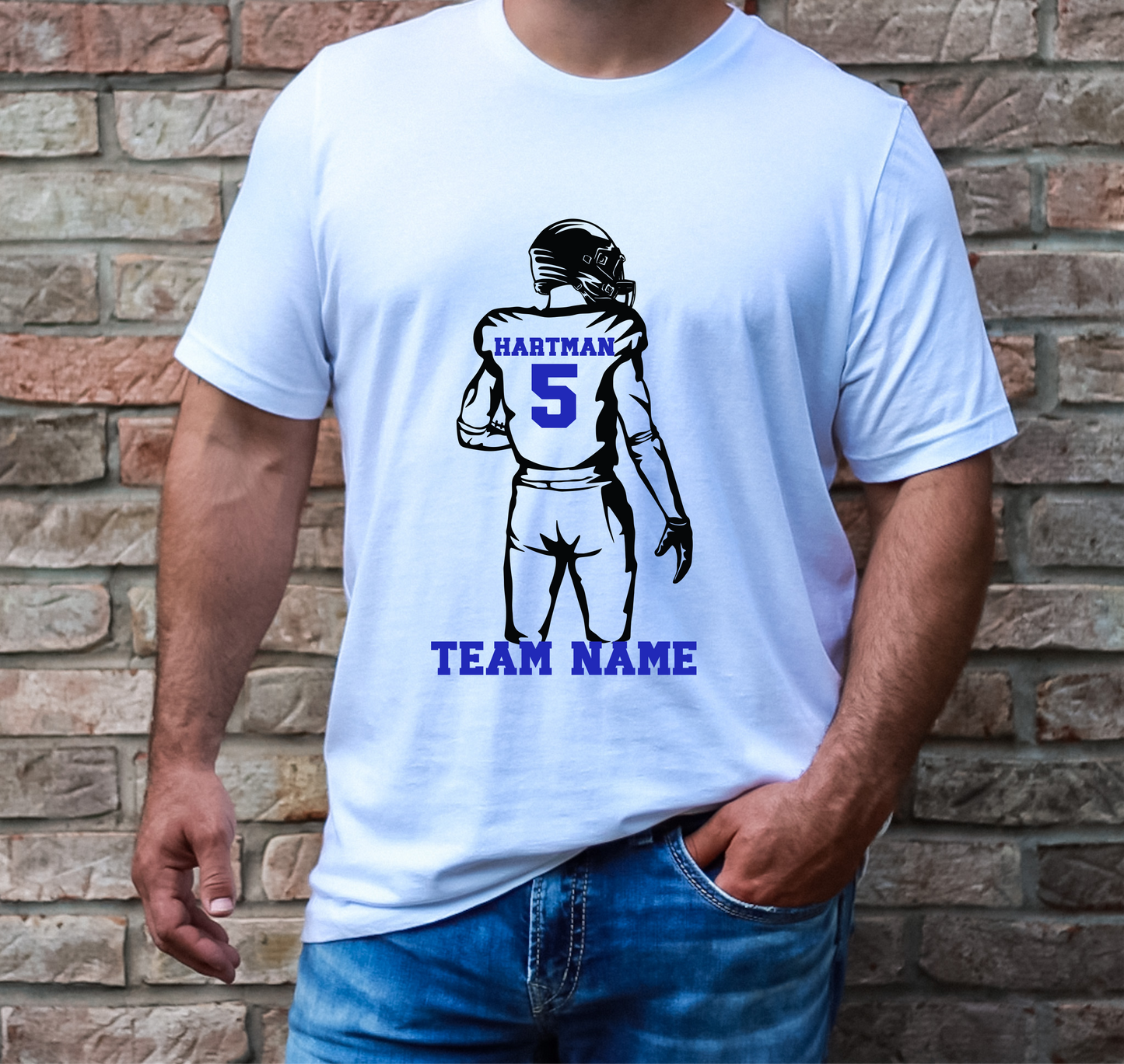 Customized football player outline w/team name (white apparel)