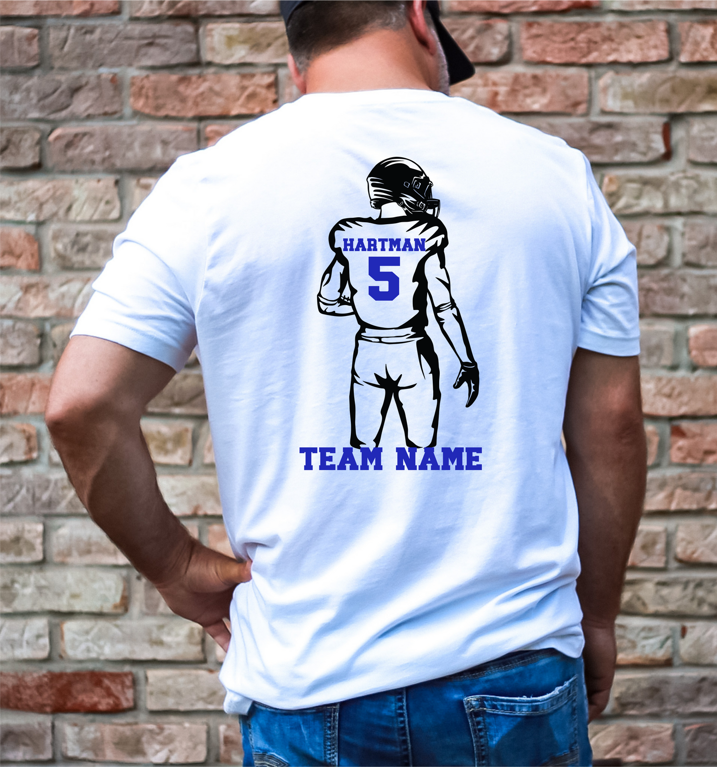 Customized football player outline w/team name (white apparel)